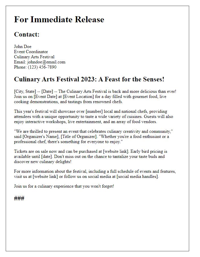 Letter template of culinary event press release