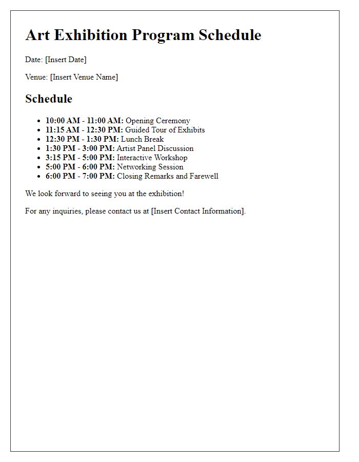 Letter template of program schedule for art exhibition