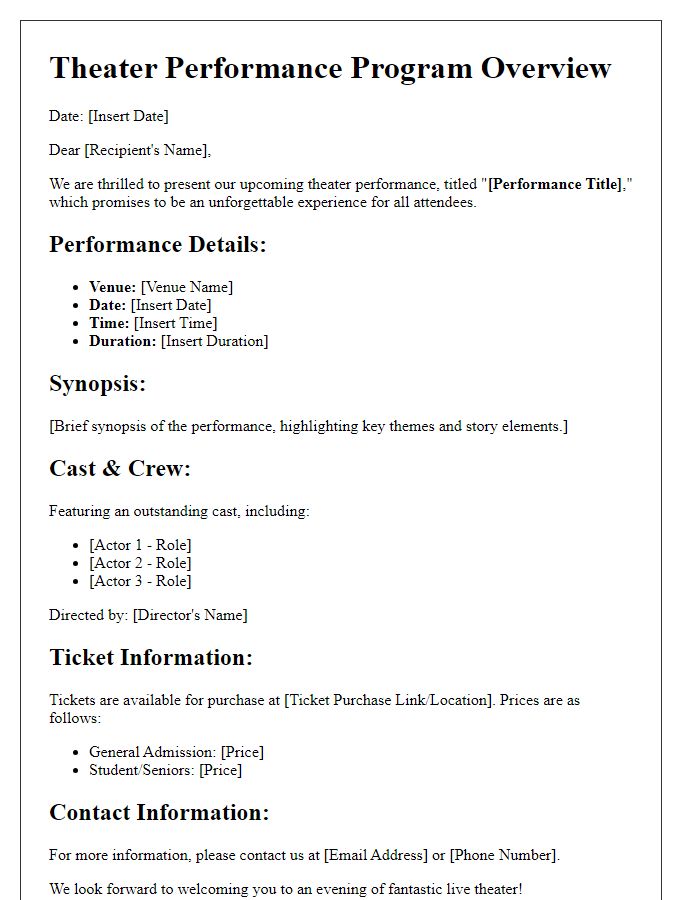 Letter template of theater performance program overview