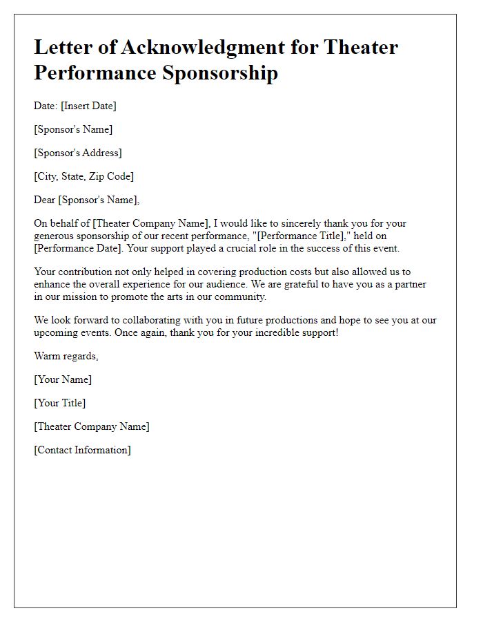 Letter template of theater performance sponsorship acknowledgment