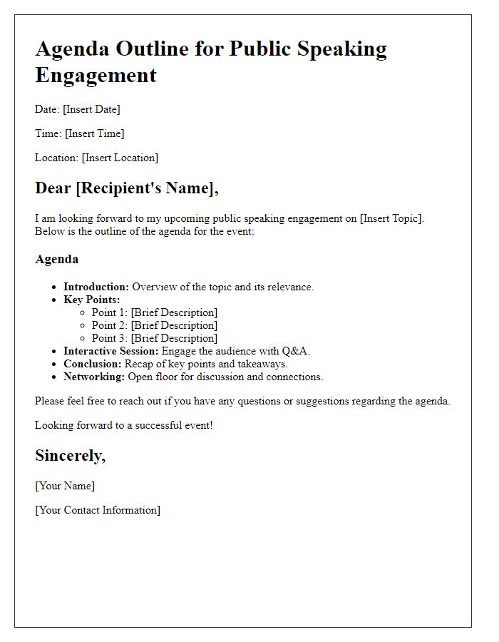 Letter template of agenda outline for public speaking engagement introduction