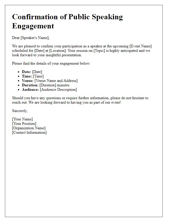 Letter template of confirmation for public speaking engagement introduction