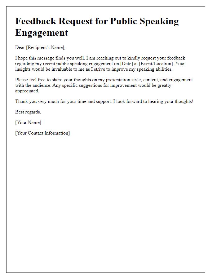 Letter template of feedback request for public speaking engagement introduction