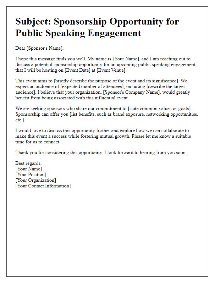 Letter template of sponsorship inquiry for public speaking engagement introduction