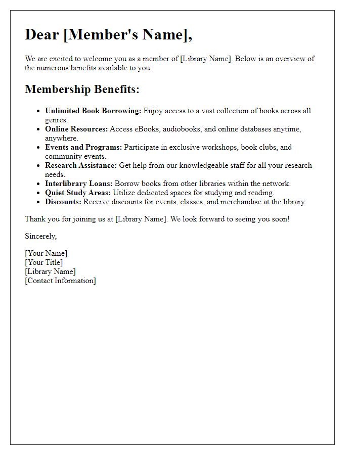 Letter template of library membership benefits overview