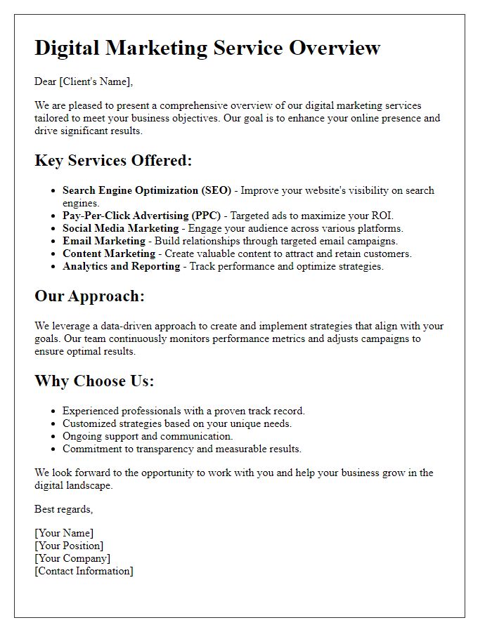 Letter template of digital marketing service overview