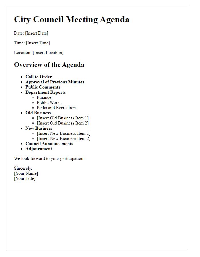 Letter template of agenda overview for city council meeting