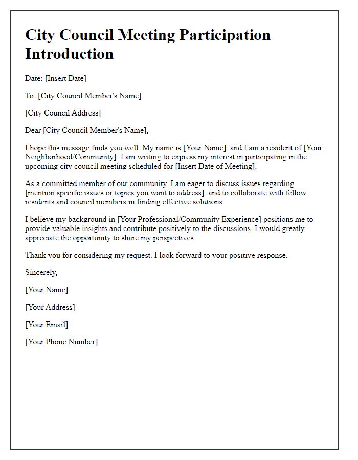 Letter template of introduction for city council meeting participation