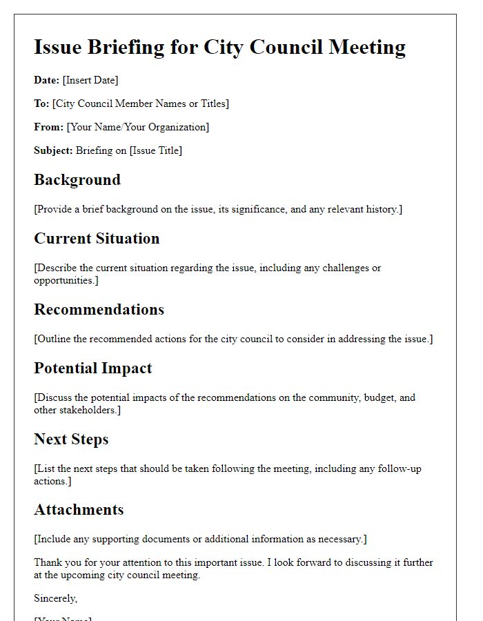 Letter template of issue briefing for city council meeting