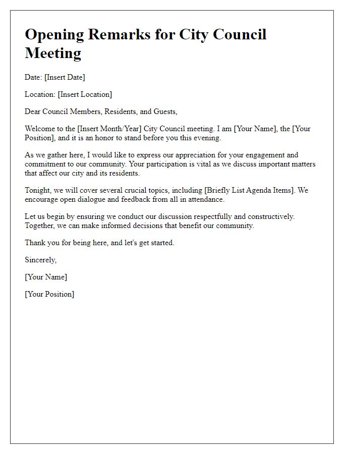 Letter template of opening remarks for city council meeting