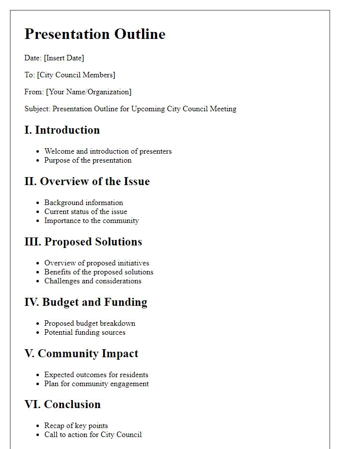 Letter template of presentation outline for city council meeting