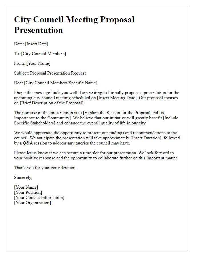 Letter template of proposal presentation for city council meeting