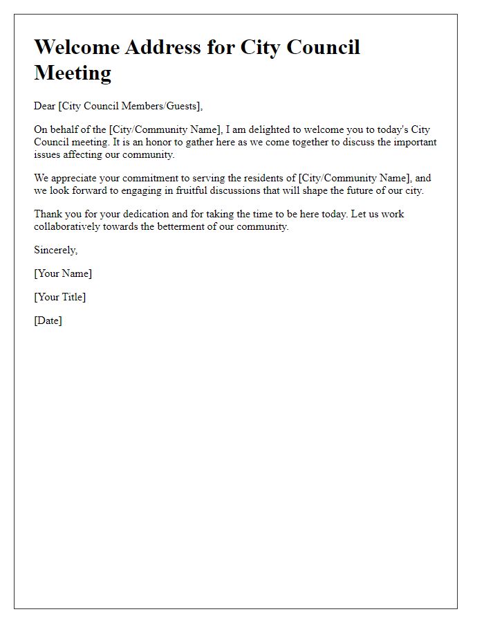 Letter template of welcome address for city council meeting