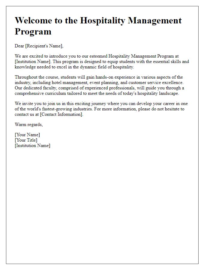 Letter template of Hospitality Management Program Introduction