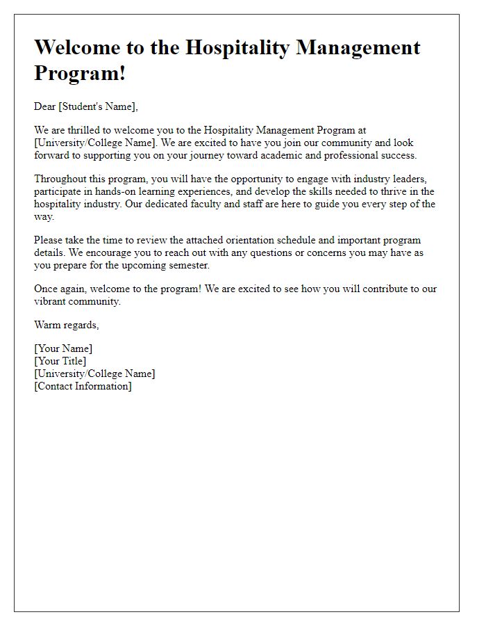 Letter template of Hospitality Management Program Welcome Letter