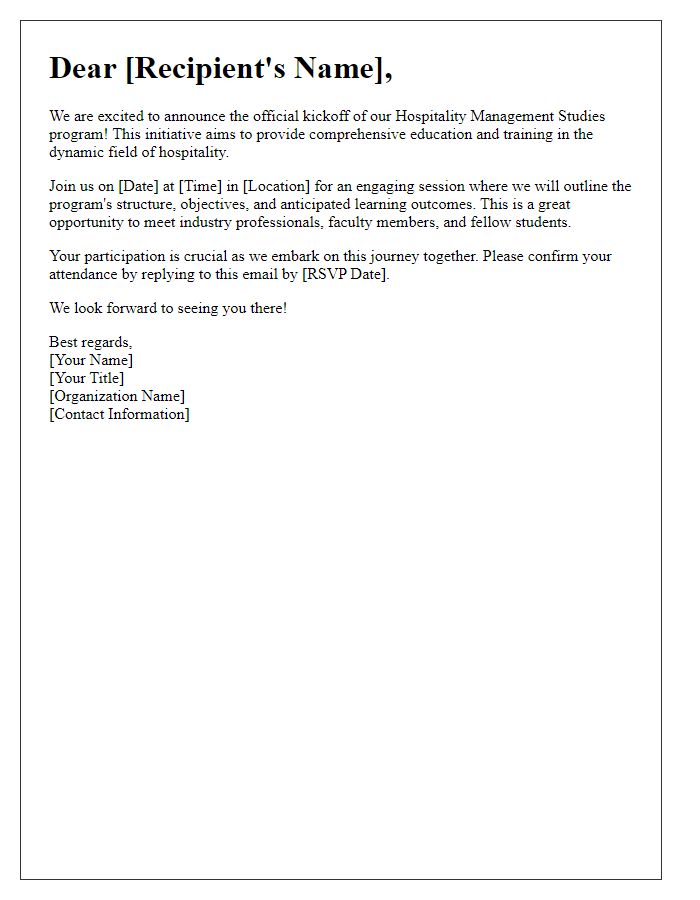 Letter template of Kickoff for Hospitality Management Studies