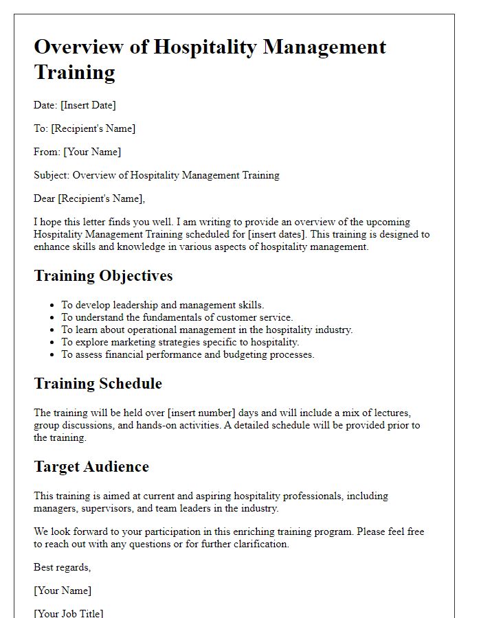 Letter template of Overview of Hospitality Management Training