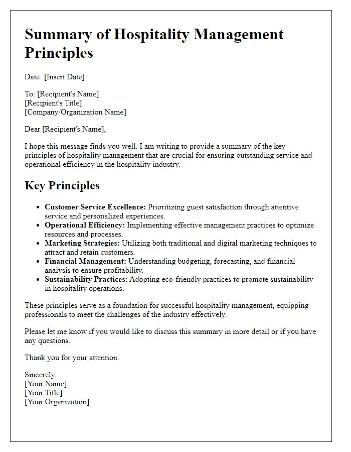 Letter template of Summary of Hospitality Management Principles