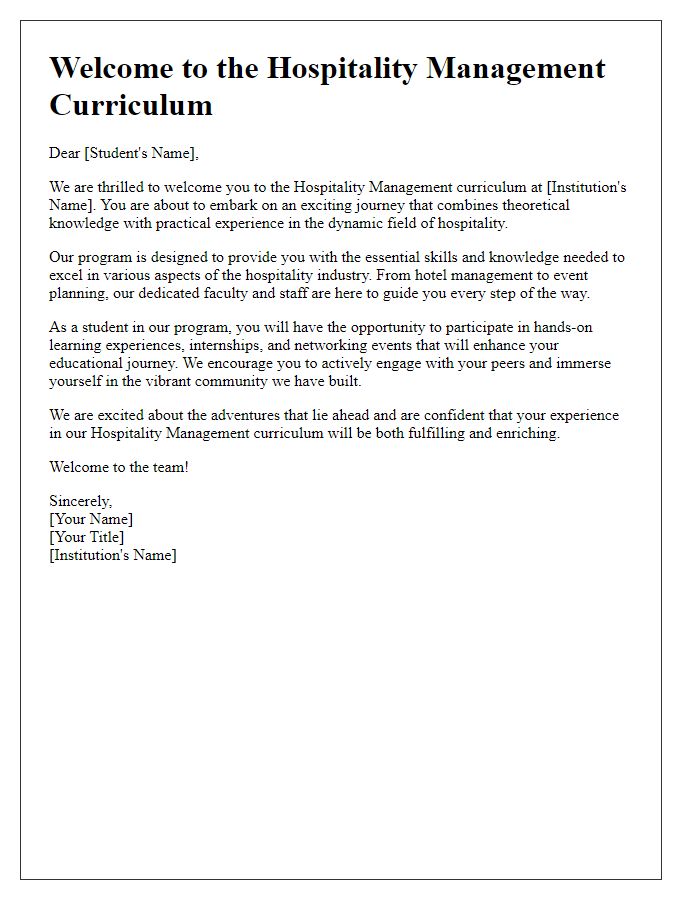 Letter template of Welcome to the Hospitality Management Curriculum