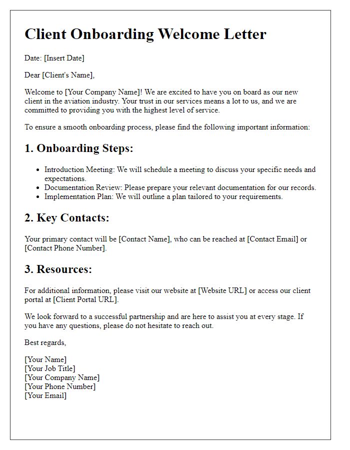 Letter template of aviation industry client onboarding