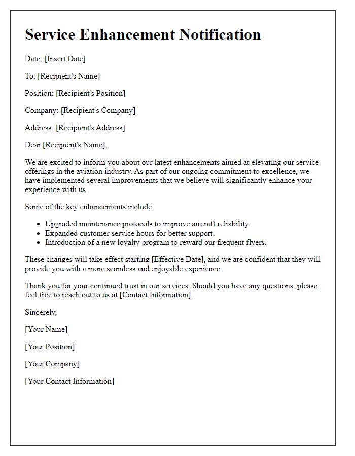 Letter template of aviation industry service enhancement notification