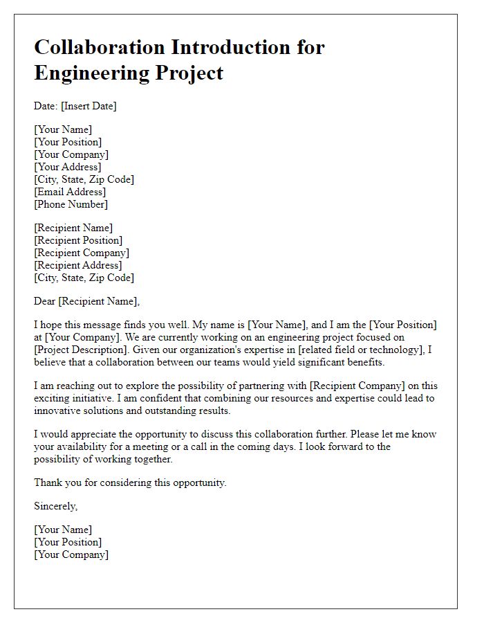 Letter template of engineering project collaboration introduction