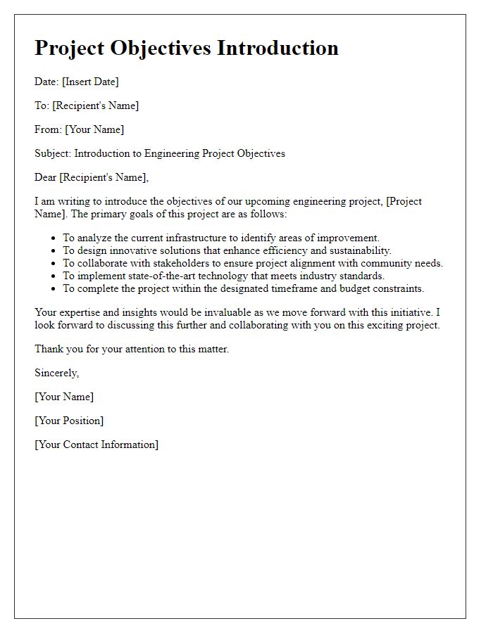 Letter template of engineering project objectives introduction