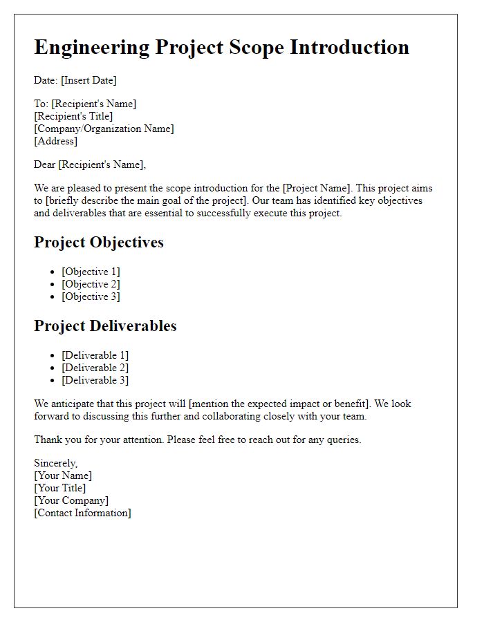 Letter template of engineering project scope introduction