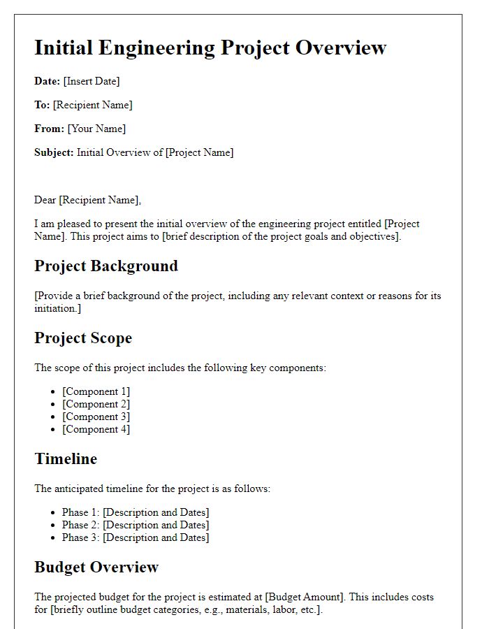 Letter template of initial engineering project overview