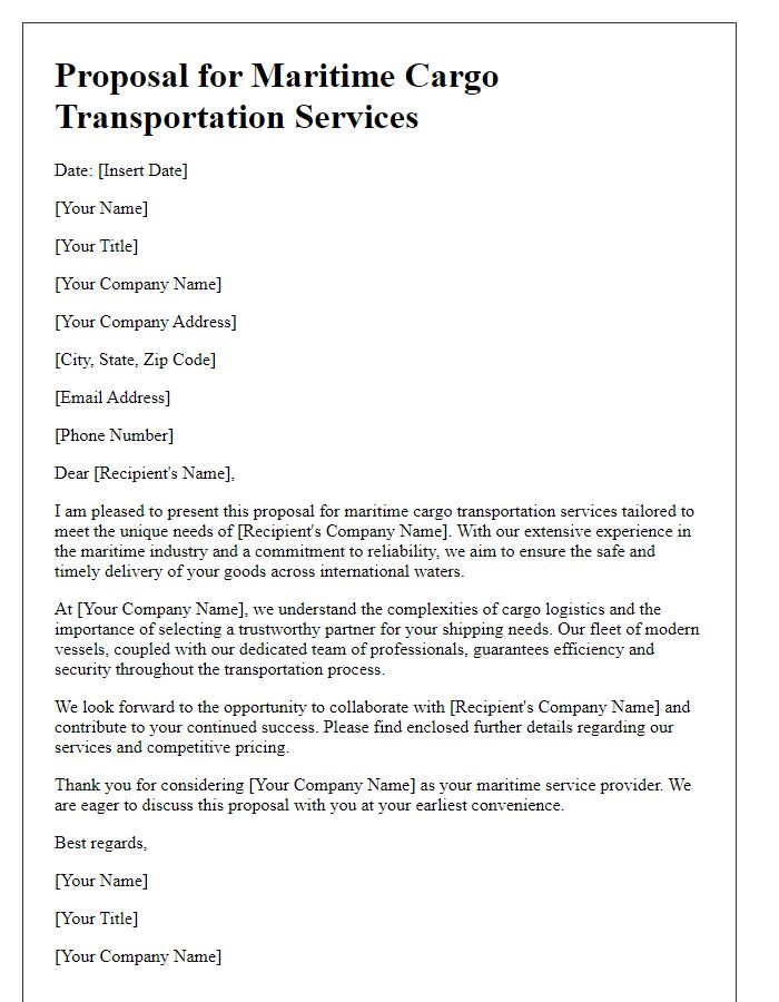 Letter template of maritime service proposal introduction for cargo transportation.