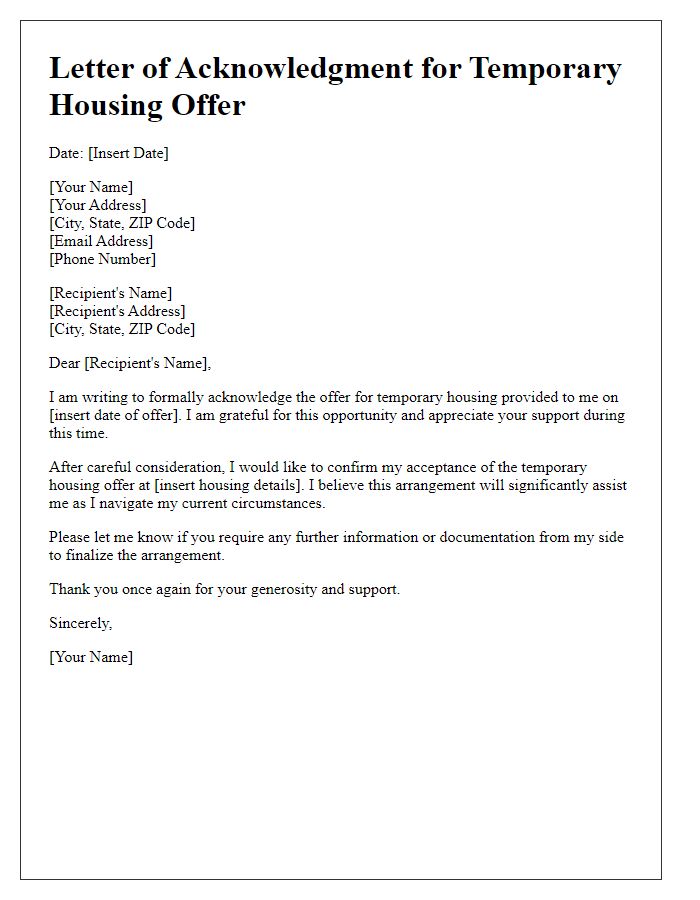 Letter template of acknowledgment for temporary housing offer