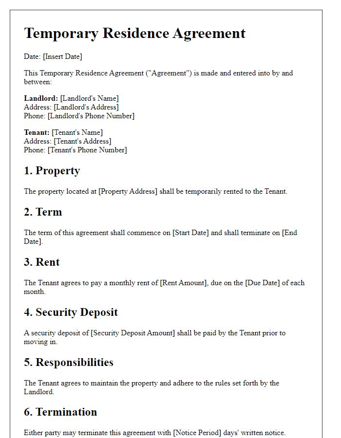 Letter template of agreement for temporary residence terms