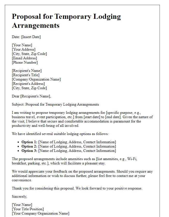 Letter template of proposal for temporary lodging arrangements