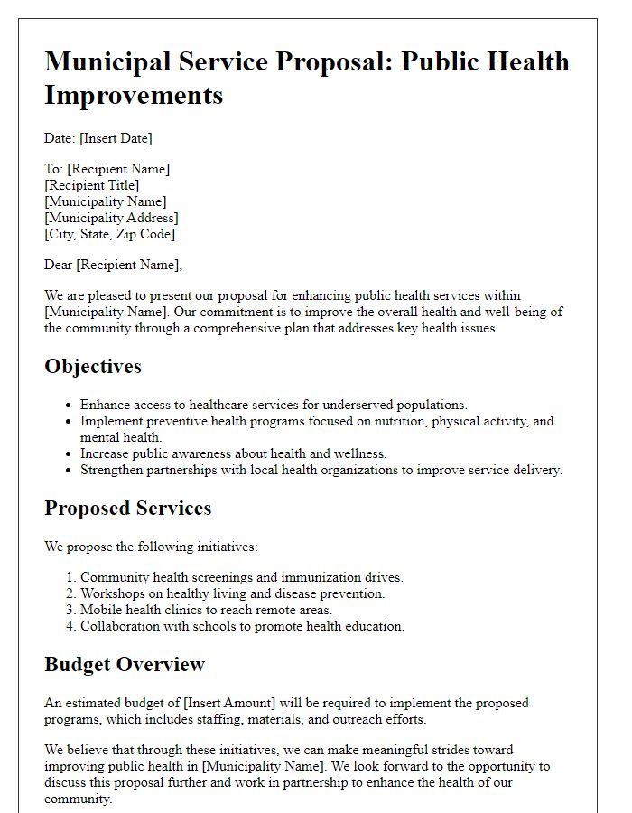 Letter template of municipal service proposal addressing public health improvements.