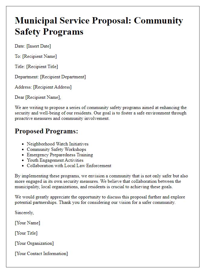 Letter template of municipal service proposal centered on community safety programs.