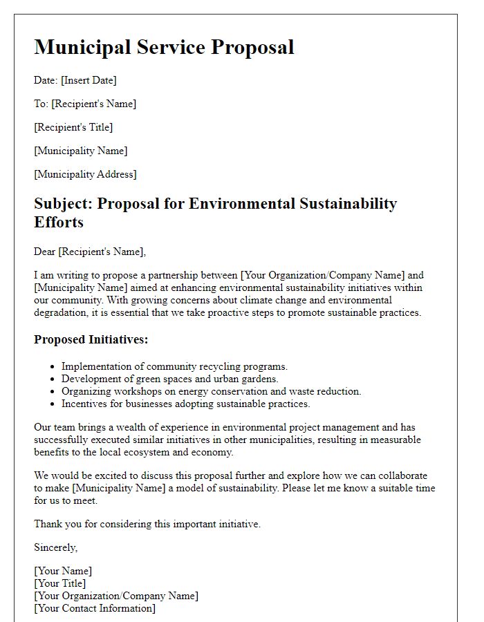 Letter template of municipal service proposal for environmental sustainability efforts.