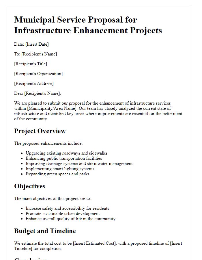 Letter template of municipal service proposal for infrastructure enhancement projects.