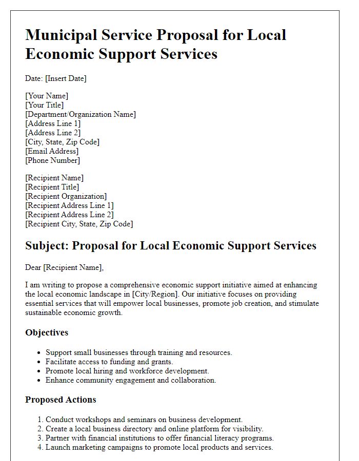 Letter template of municipal service proposal for local economic support services.