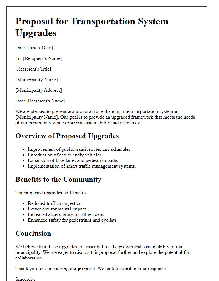 Letter template of municipal service proposal regarding transportation system upgrades.