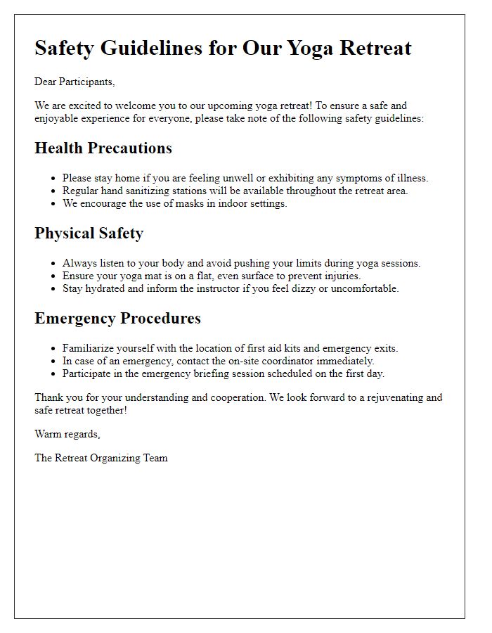 Letter template of communicating safety guidelines for the yoga retreat.