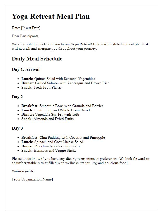 Letter template of detailing meal plans for the yoga retreat.