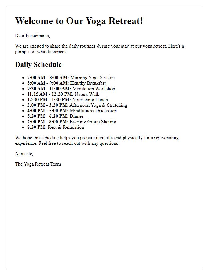 Letter template of explaining the daily routines during the yoga retreat.