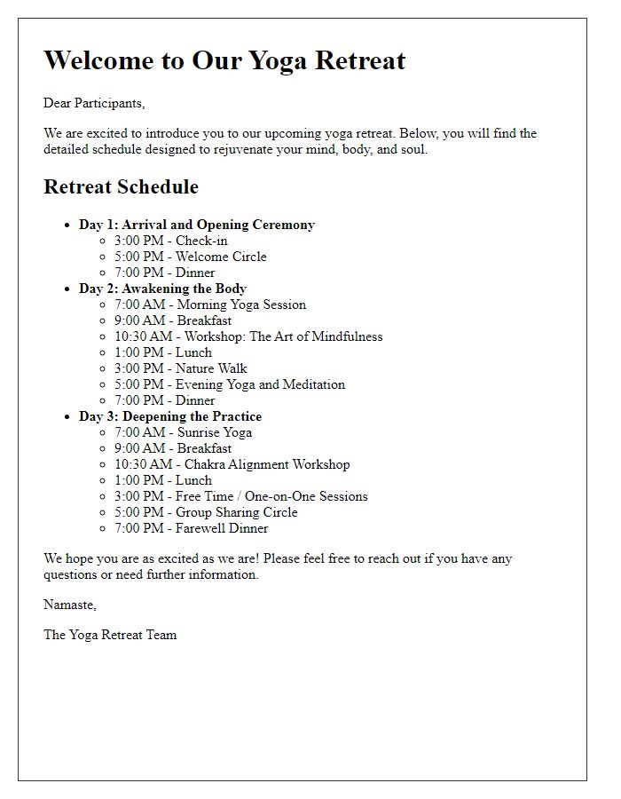 Letter template of introducing the yoga retreat schedule.