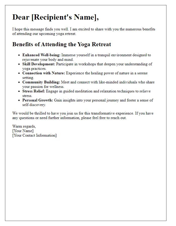 Letter template of outlining the benefits of attending the yoga retreat.