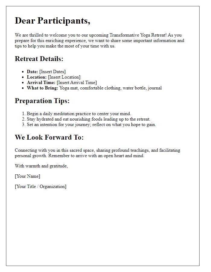 Letter template of preparing participants for a transformative yoga retreat experience.