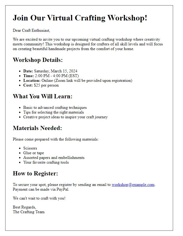 Letter template of description for a virtual crafting workshop.