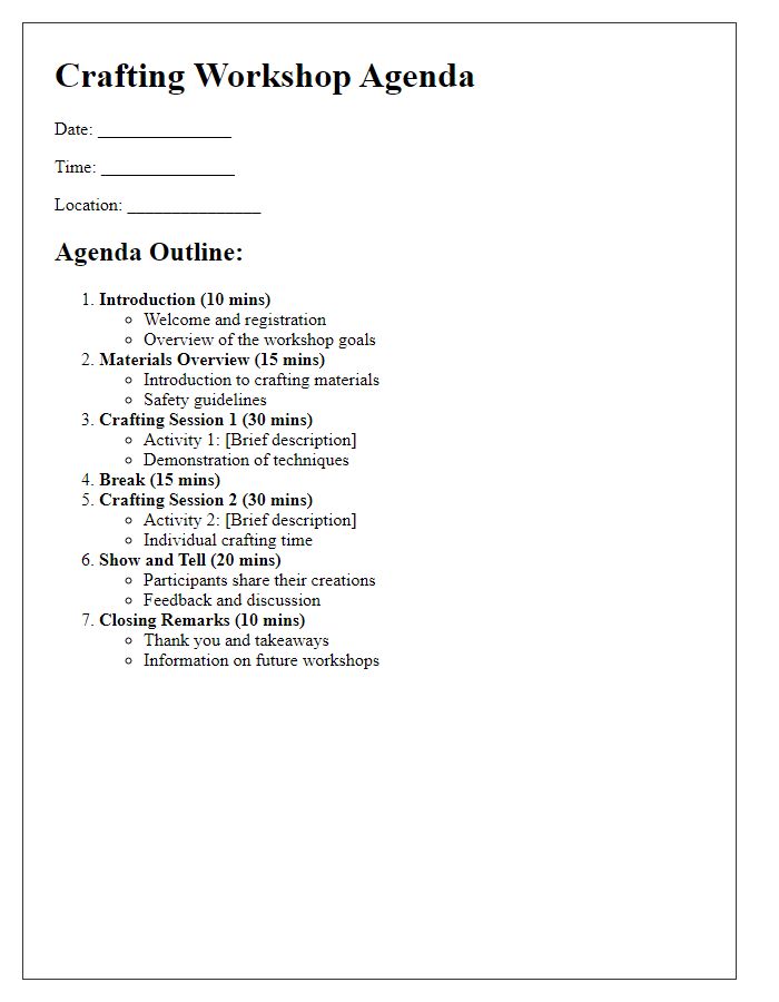 Letter template of outline for a crafting workshop agenda.