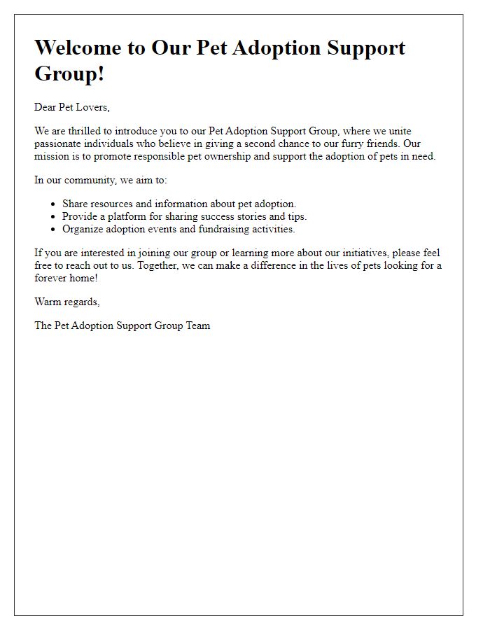 Letter template of pet adoption support group introduction