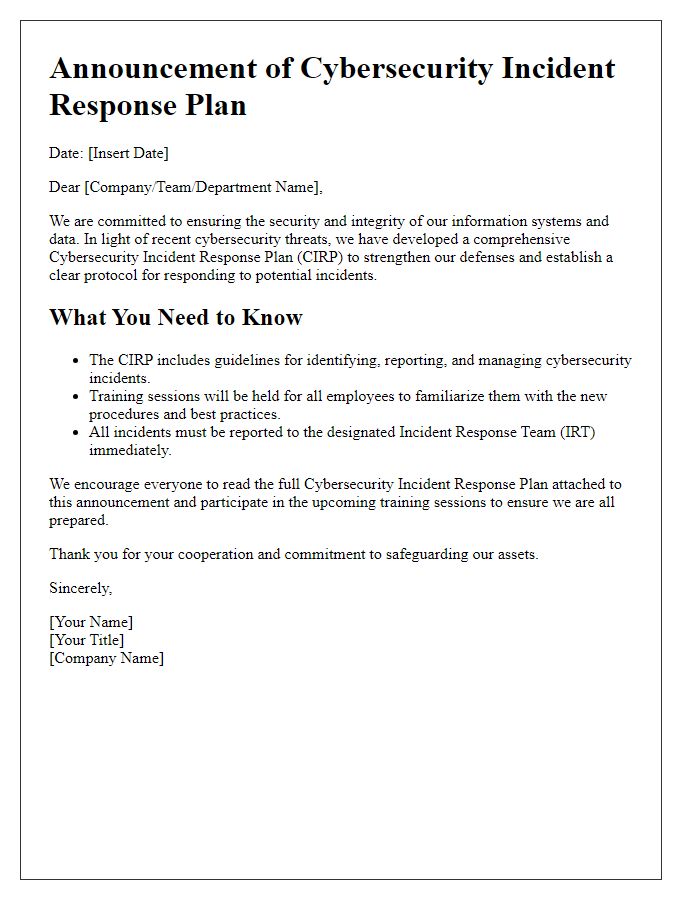 Letter template of Cybersecurity Incident Response Plan Announcement