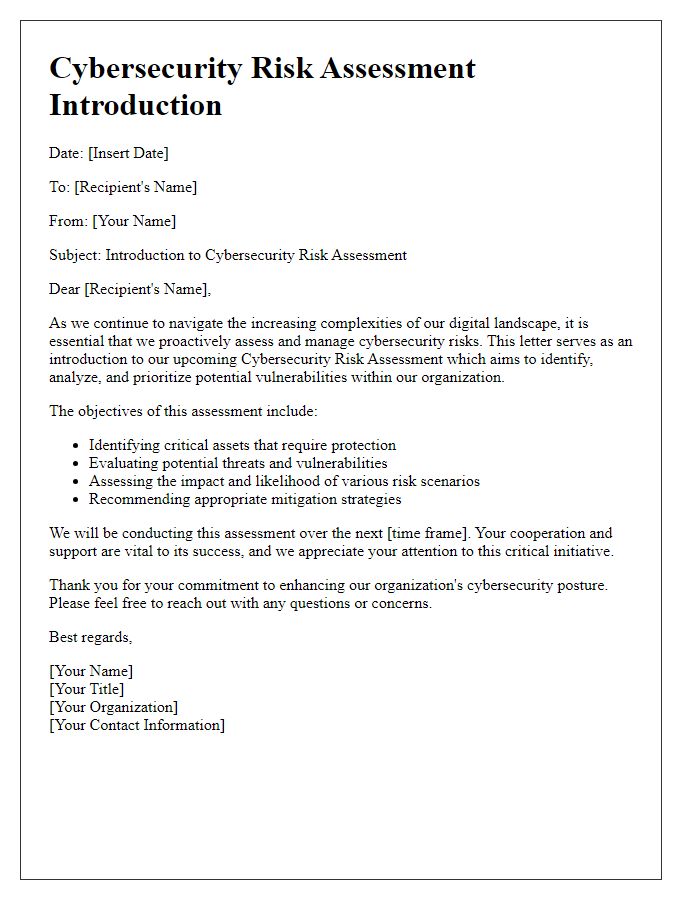 Letter template of Cybersecurity Risk Assessment Introduction